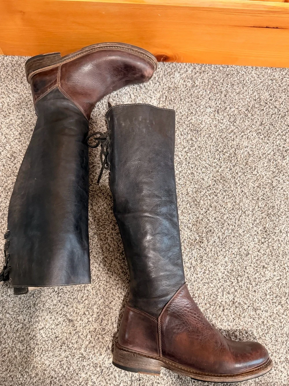 Bed Stu Two-Tone Tall Leather Riding Boots - Brown and Black